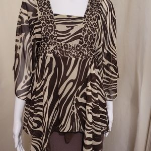 MICHAEL KORS BROWN/CREAM ZEBRA CHIFFON PRINTED ASYMETRICAL TOP, SZ MED